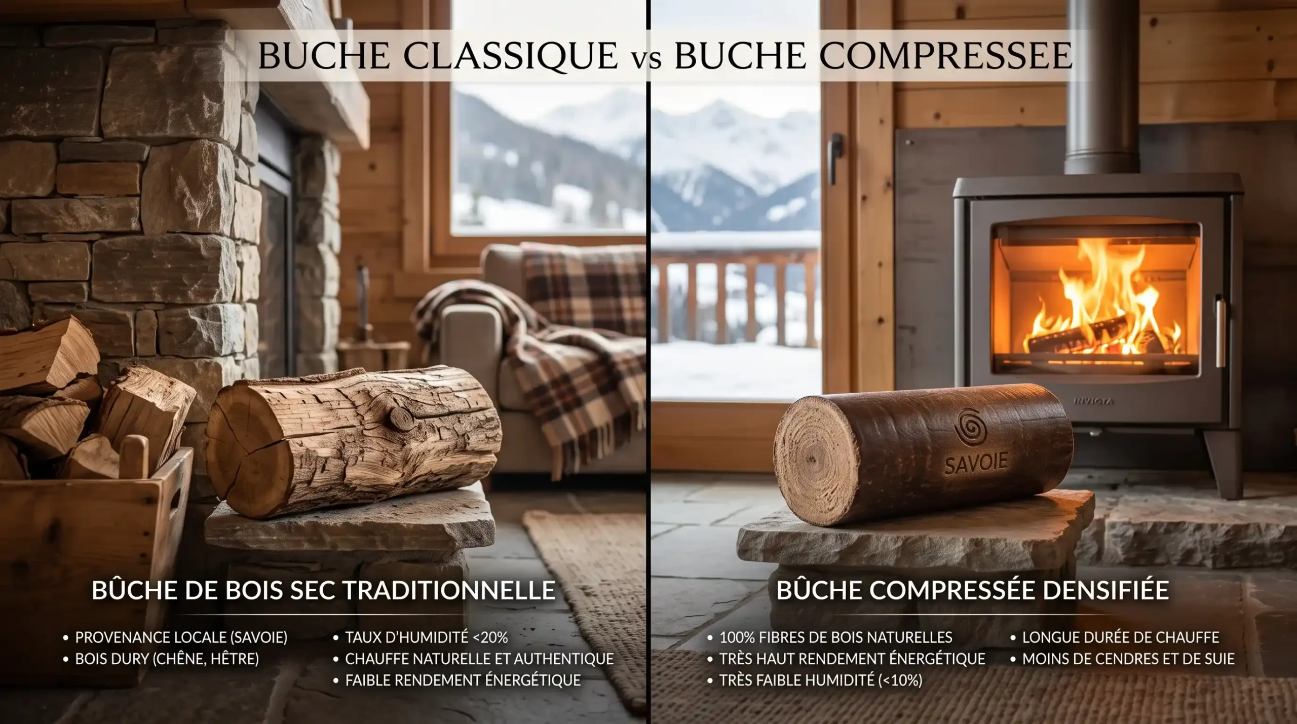 Comparatif entre bûche de bois sec traditionnelle et bûche compressée densifiée