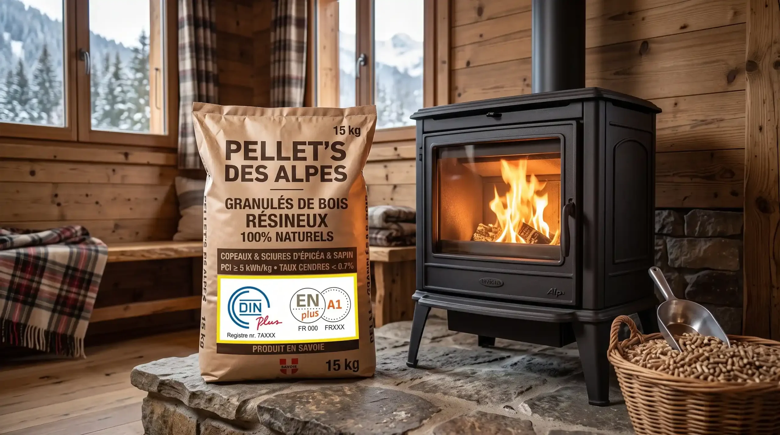 Sac de granulés de bois certifié DIN+ et EN+ posé près d'un poêle en Savoie