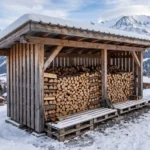 Abri à bois de chauffage ventilé et surélevé sur palette en Savoie