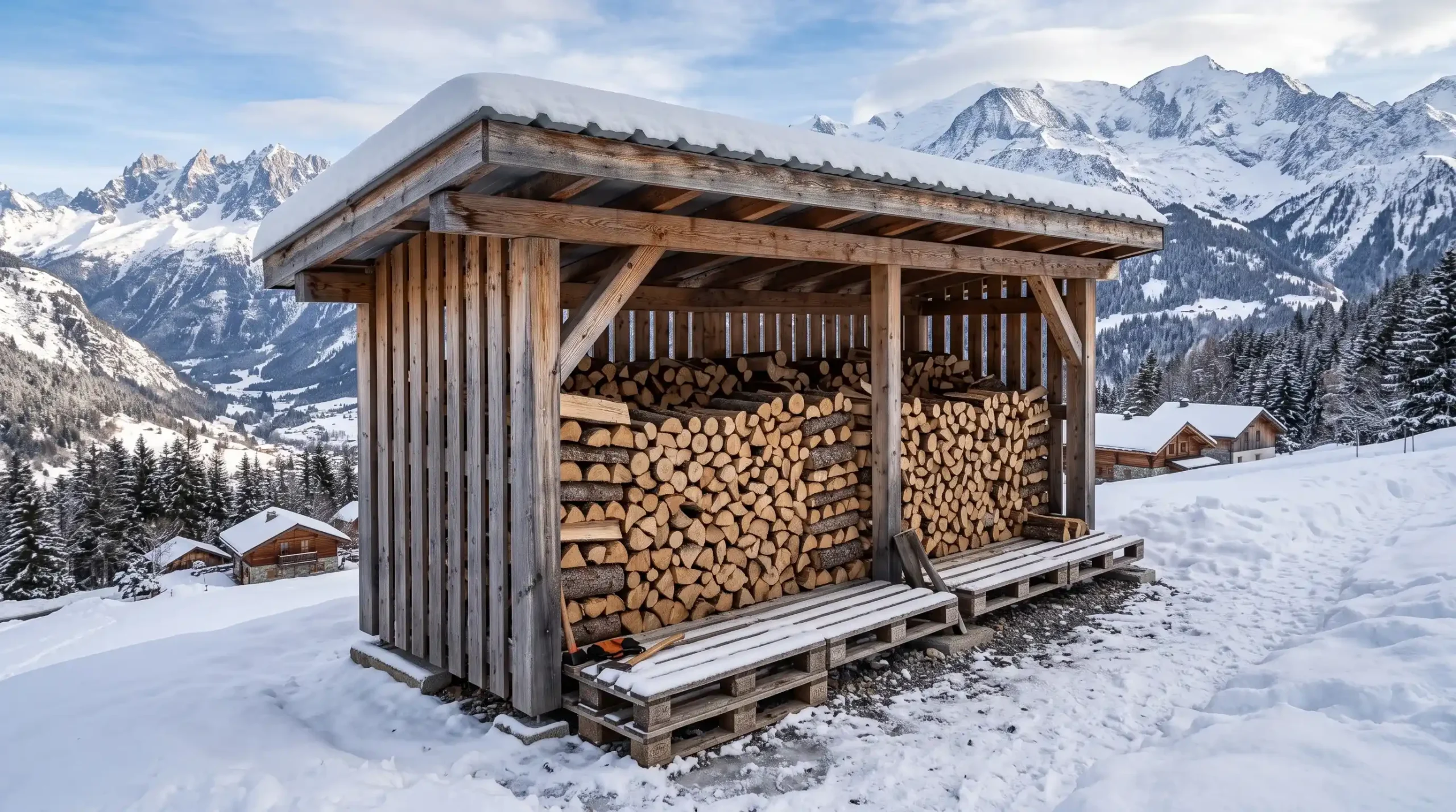 Abri à bois de chauffage ventilé et surélevé sur palette en Savoie