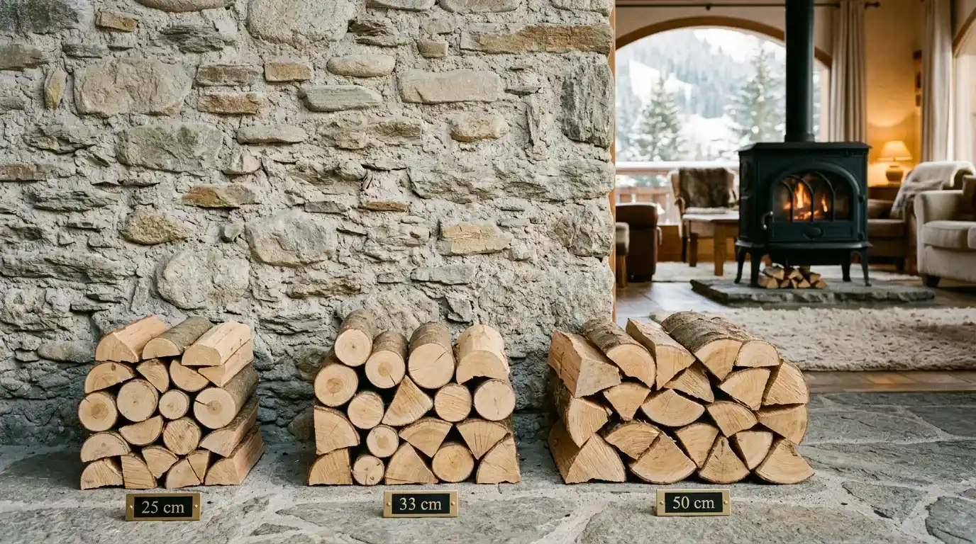 Comparatif des tailles de bois de chauffage 25cm 33cm et 50cm en Savoie